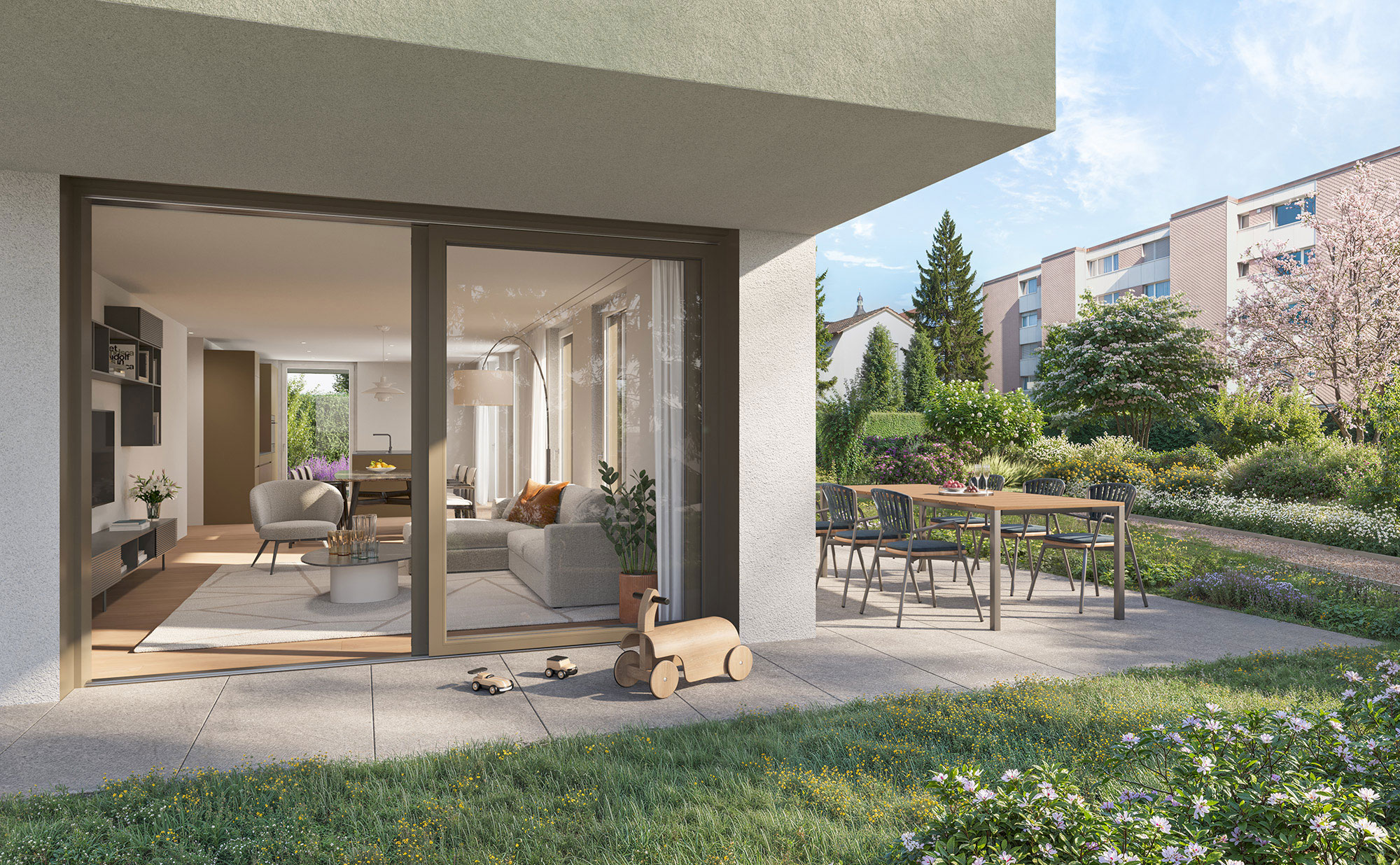 2100_StGallen_20260416_Aussen_Balkon_ Aussenansicht eines modernen Einfamilienhauses im Obstgarten, Buch bei Frauenfeld